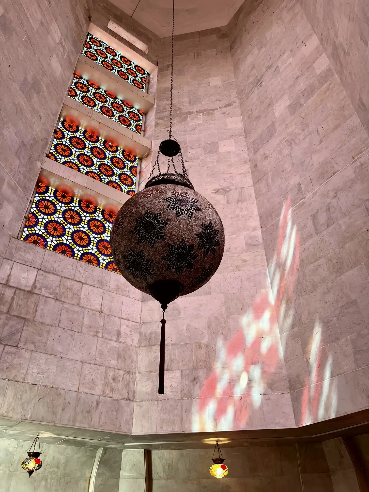 Inside the mausoleum, light coming down the shaft